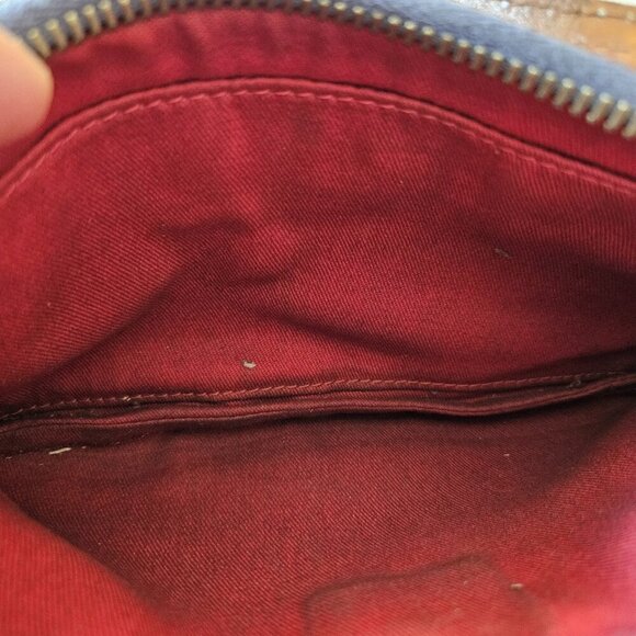 Dooney & Bourke DB Monogram Wristlet Blue Canvas Brown Leather Trim Small Bag - Picture 3 of 10